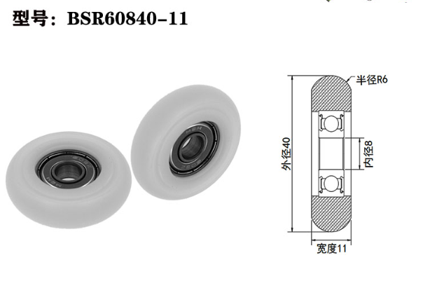 BSR60840-11 8x40x11mm plastic track small single hand rubber roller wheels