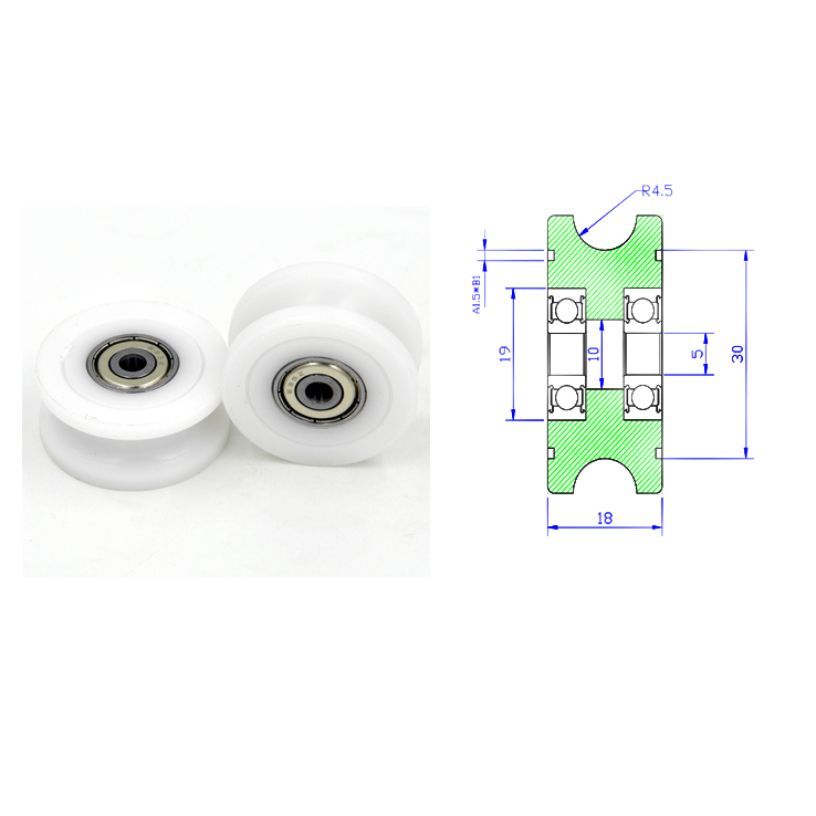 U Groove Roller Bearing BSTU63540-18 5x40x18mm ID 5MM OD 40MM Thickness 18MM Wheels Bearing Rollers Groove Pulley White POM Nylon Plastic Wheel